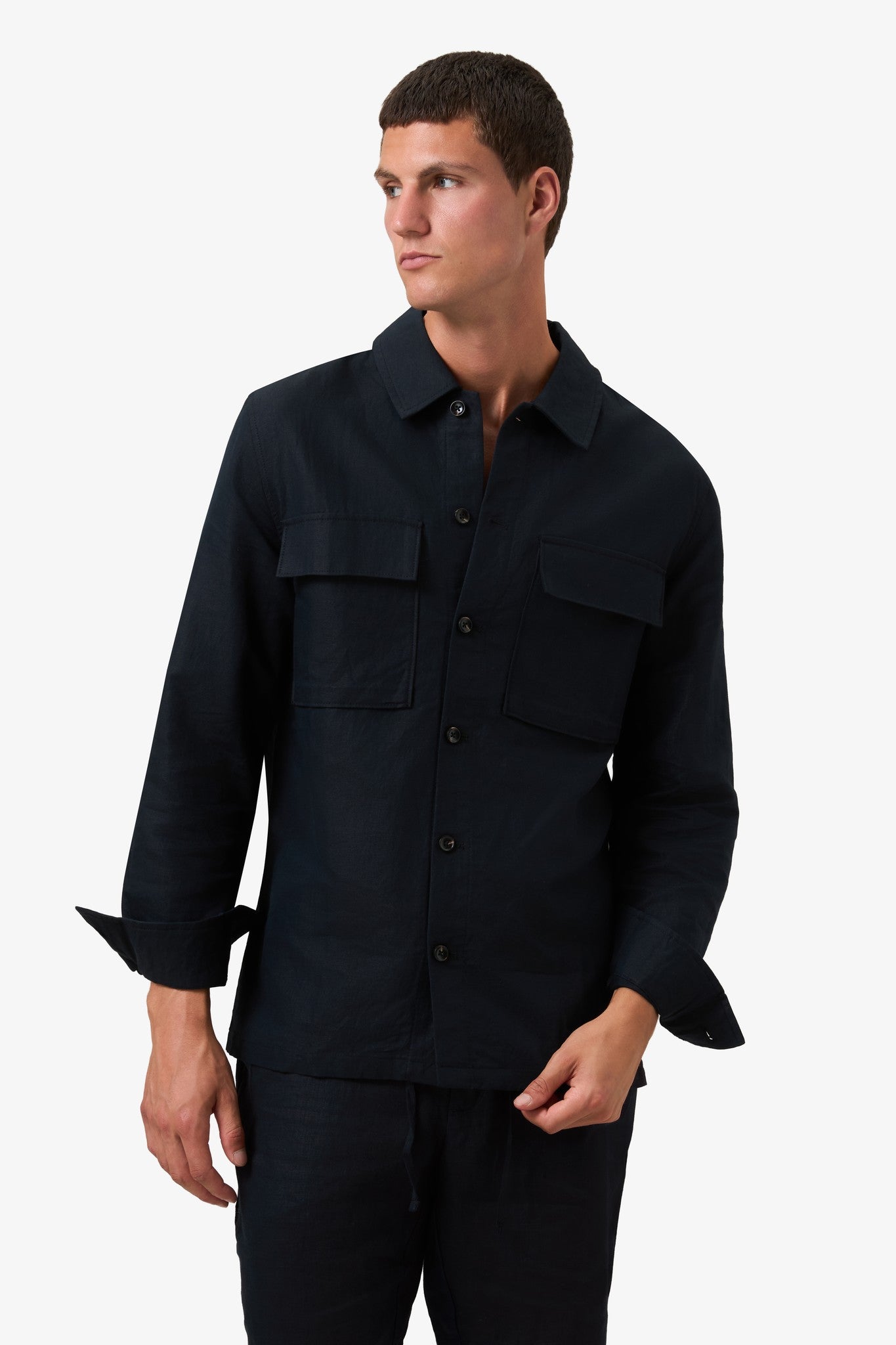 Woven Linen Pocket Jacket Dark Navy