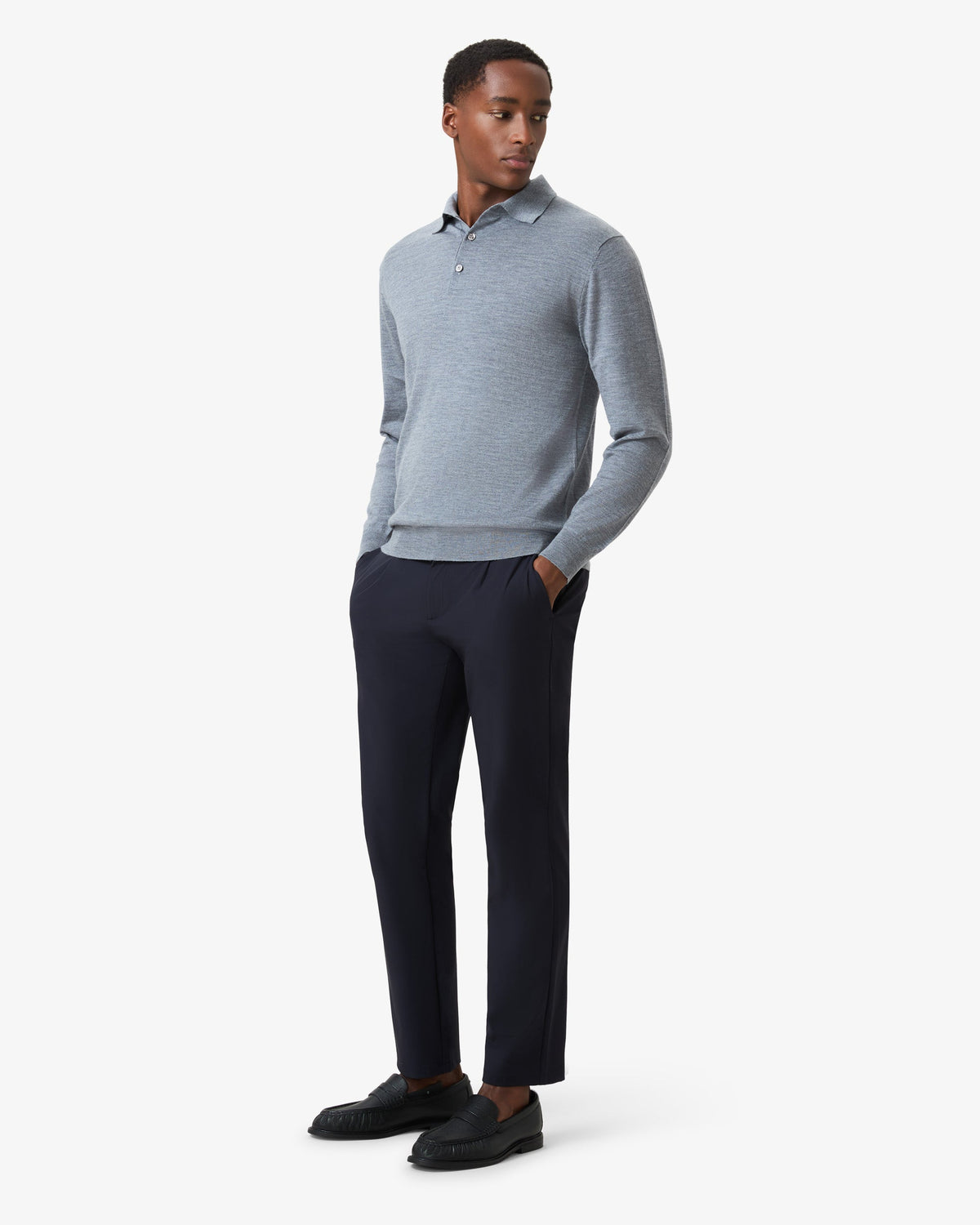 Merino Wool Button Longsleeve Polo - Steel Grey