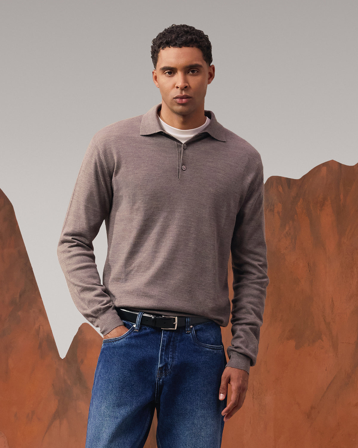 Merino Wool Button Longsleeve Polo - Stone Grey