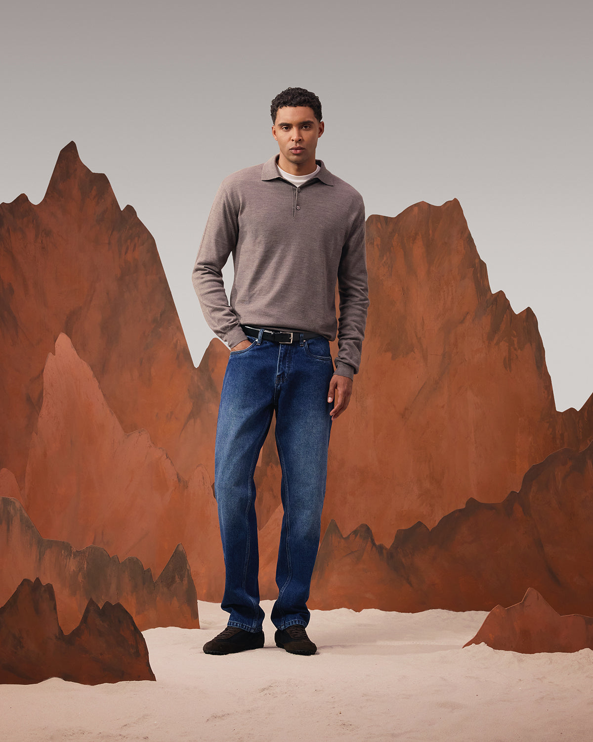 Merino Wool Button Longsleeve Polo - Stone Grey
