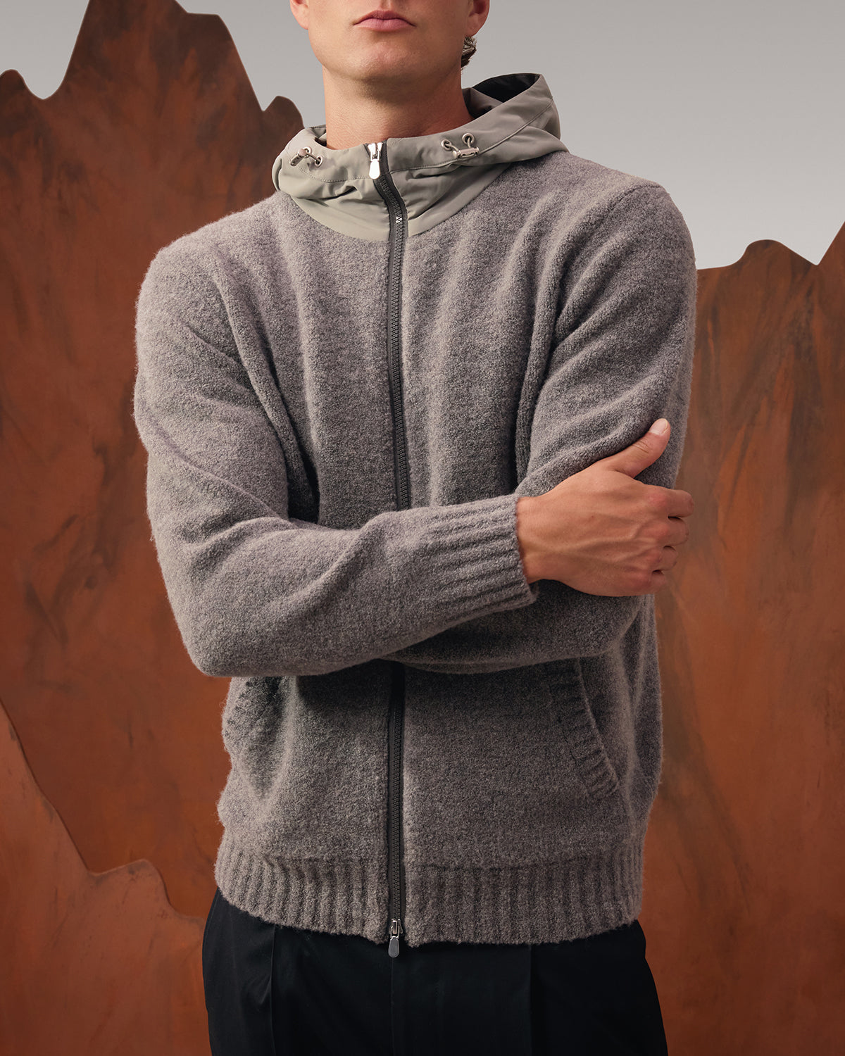 Wool Hooded Zip Up Sweater - Taupe