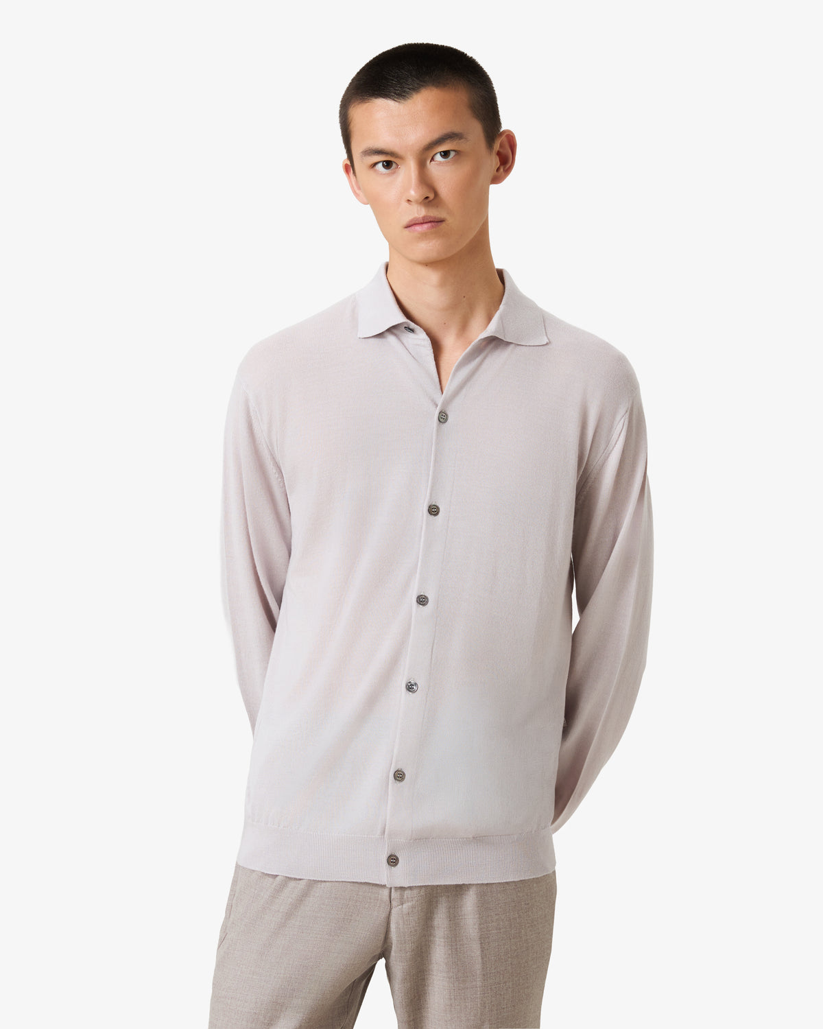 Merino Wool Polo Cardigan - Sand Grey