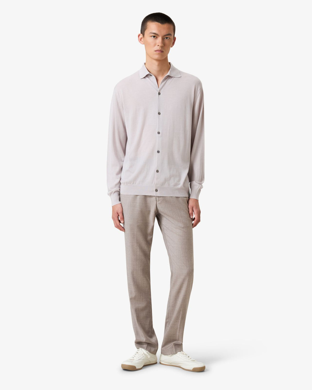 Merino Wool Polo Cardigan - Sand Grey