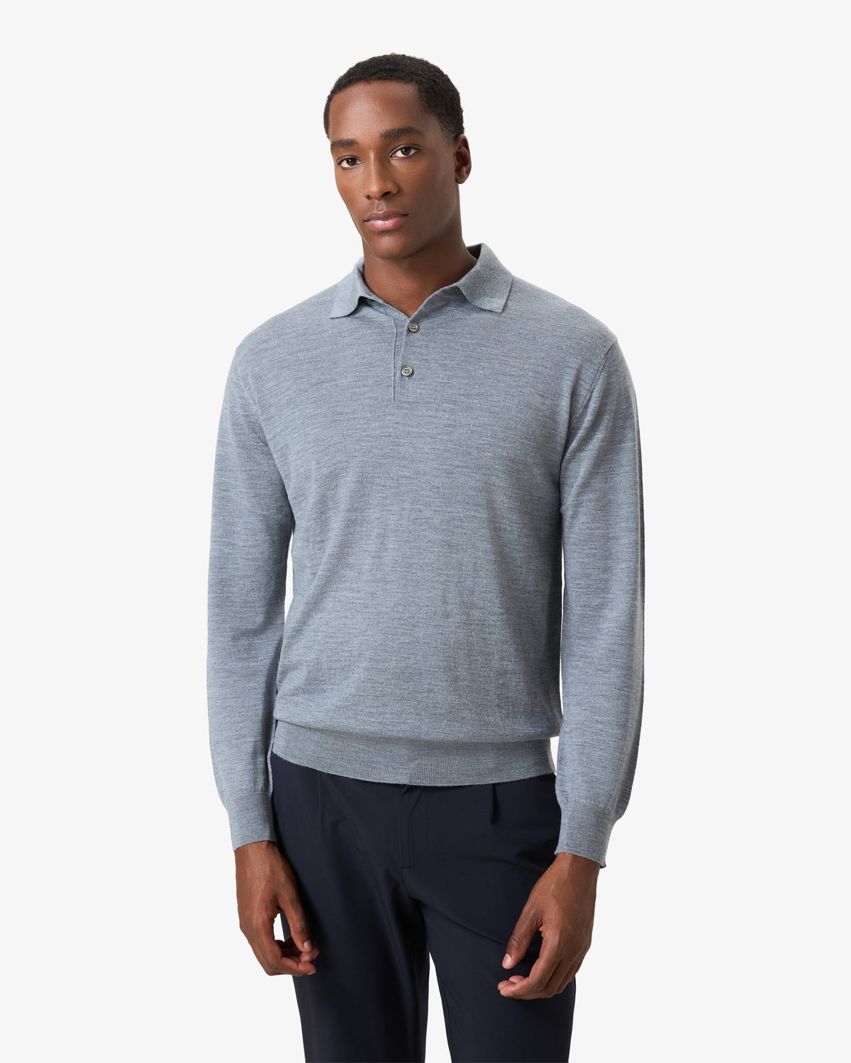 Merino Wool Button Longsleeve Polo - Steel Grey