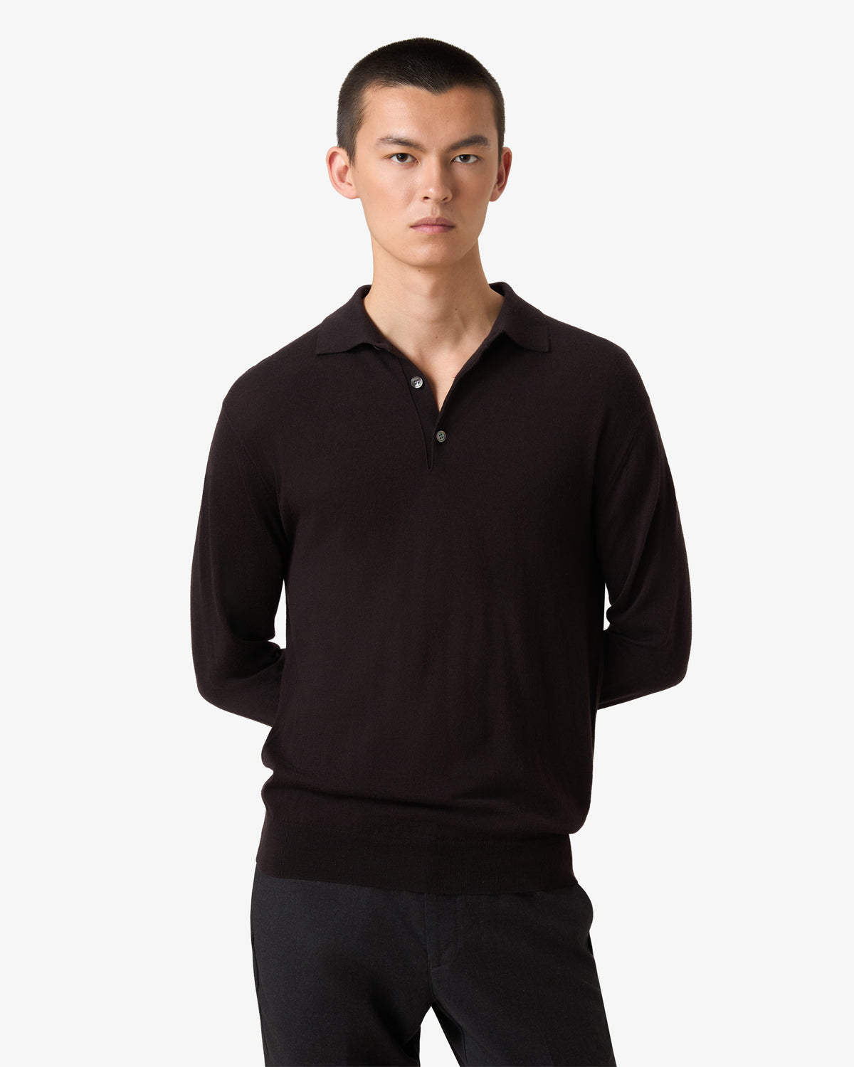 Merino Wool Button Longsleeve Polo - Plum Purple