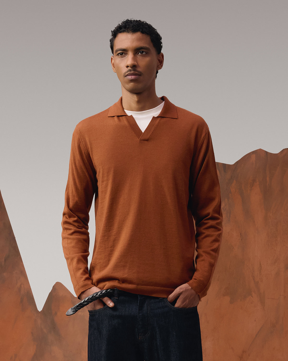 Merino Wool Polo Shirt - Peach Brown