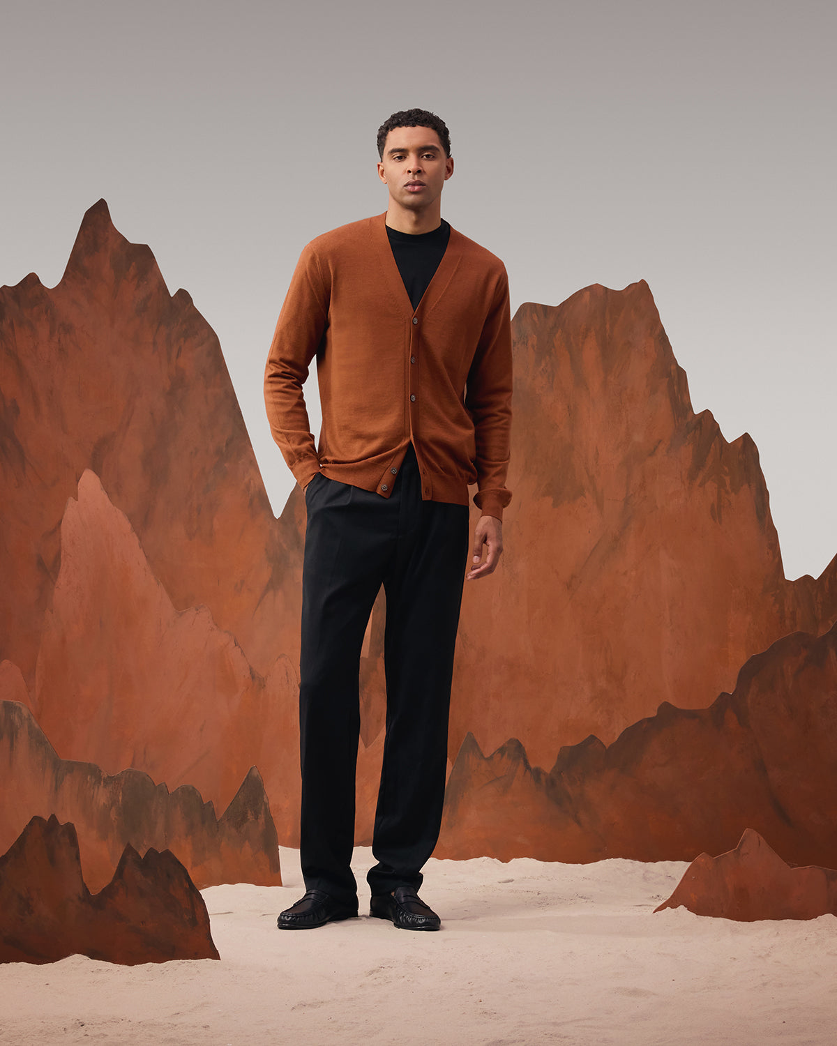 Merino Wool V-neck Cardigan - Peach Brown